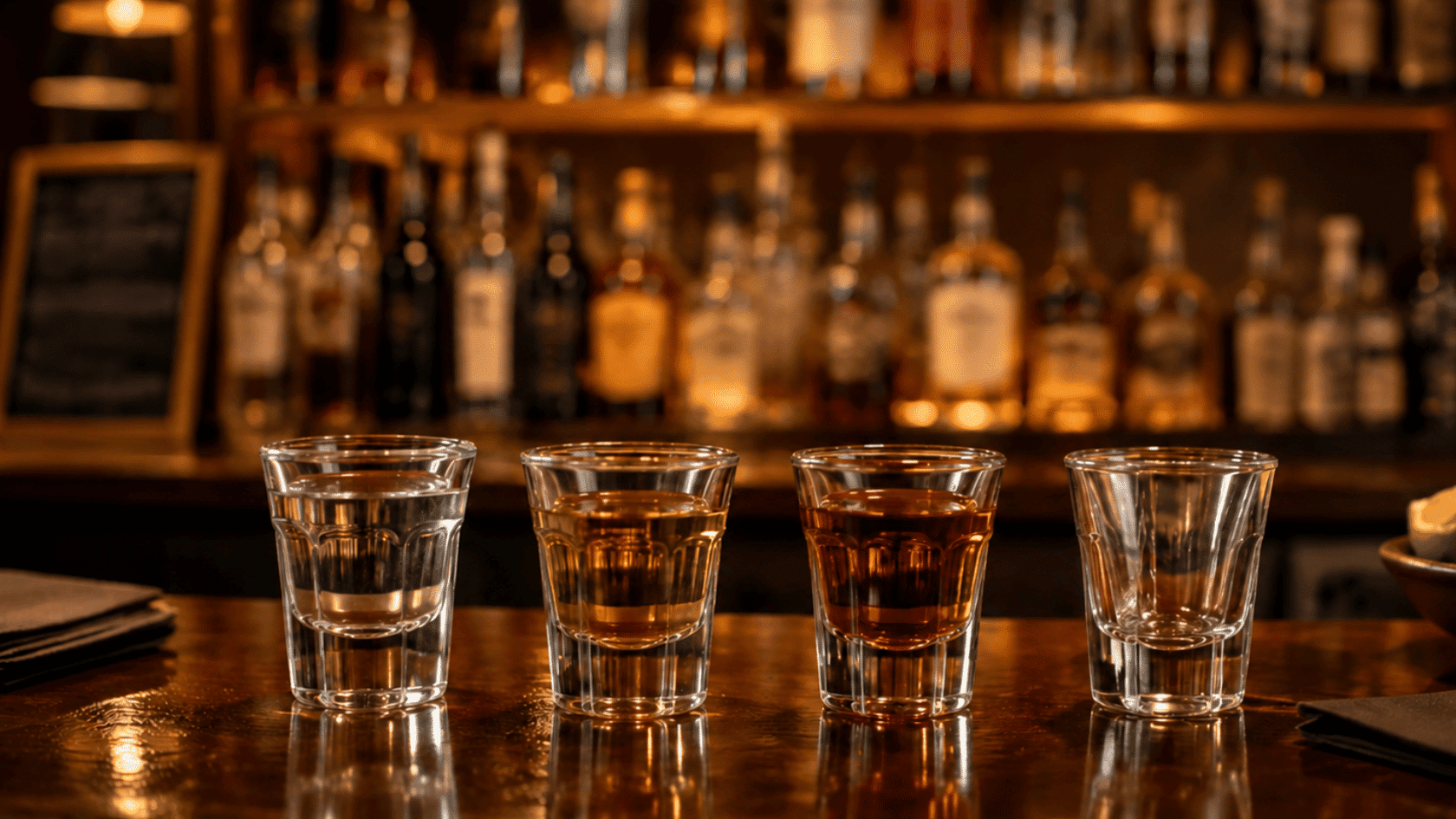 three shot glasses with different spirits on a dark bar counter with a bartender pouring a fourth shot