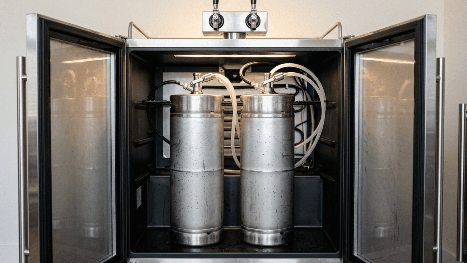 two narrow stainless steel sixth-barrel kegs placed side by side inside an open dual-tap home kegerator
