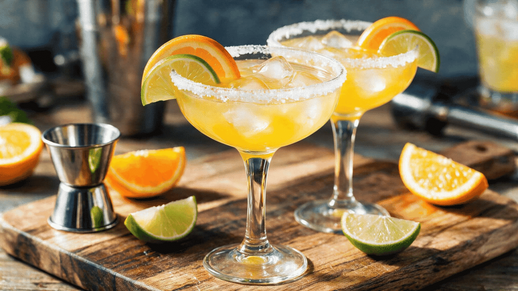Citrus skinny margaritas with salted rims, ice, lime and orange.