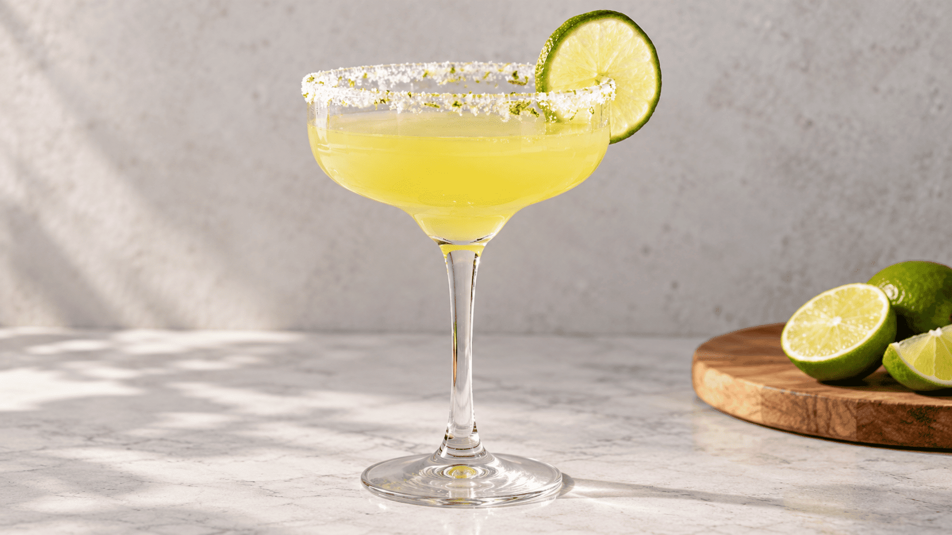 skinny margarita with a salted rim and fresh lime in a stemmed glass
