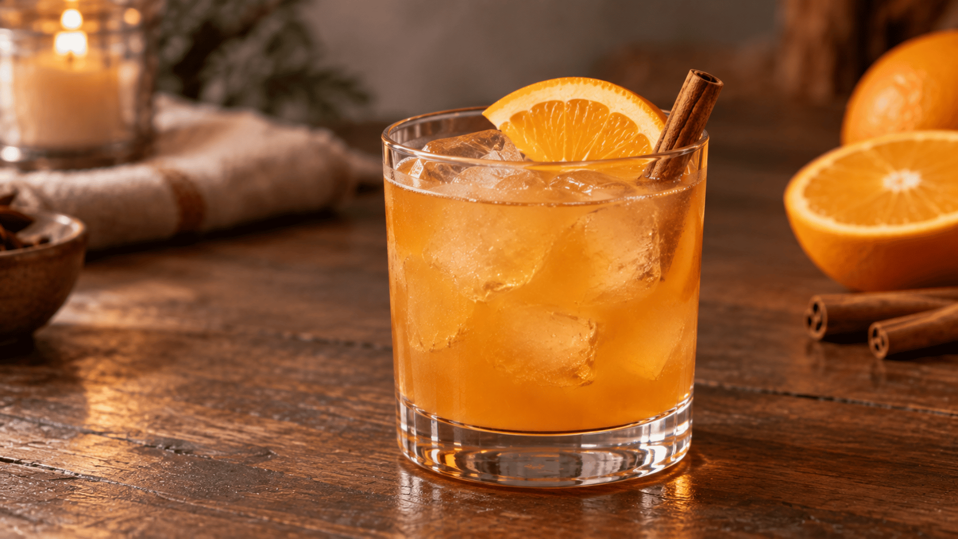 Spiced rum punch over ice with a fresh orange slice and small cinnamon stick garnish