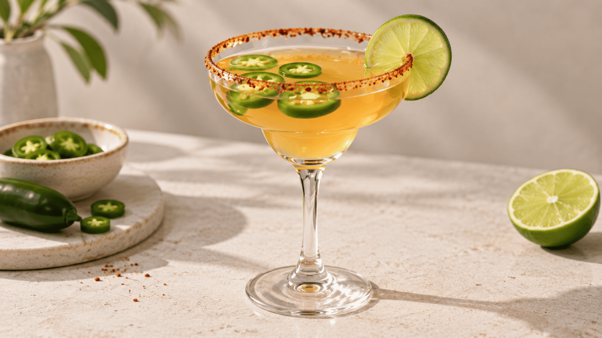 spicy tequila cocktail with jalapeño slices and lime in a margarita glass