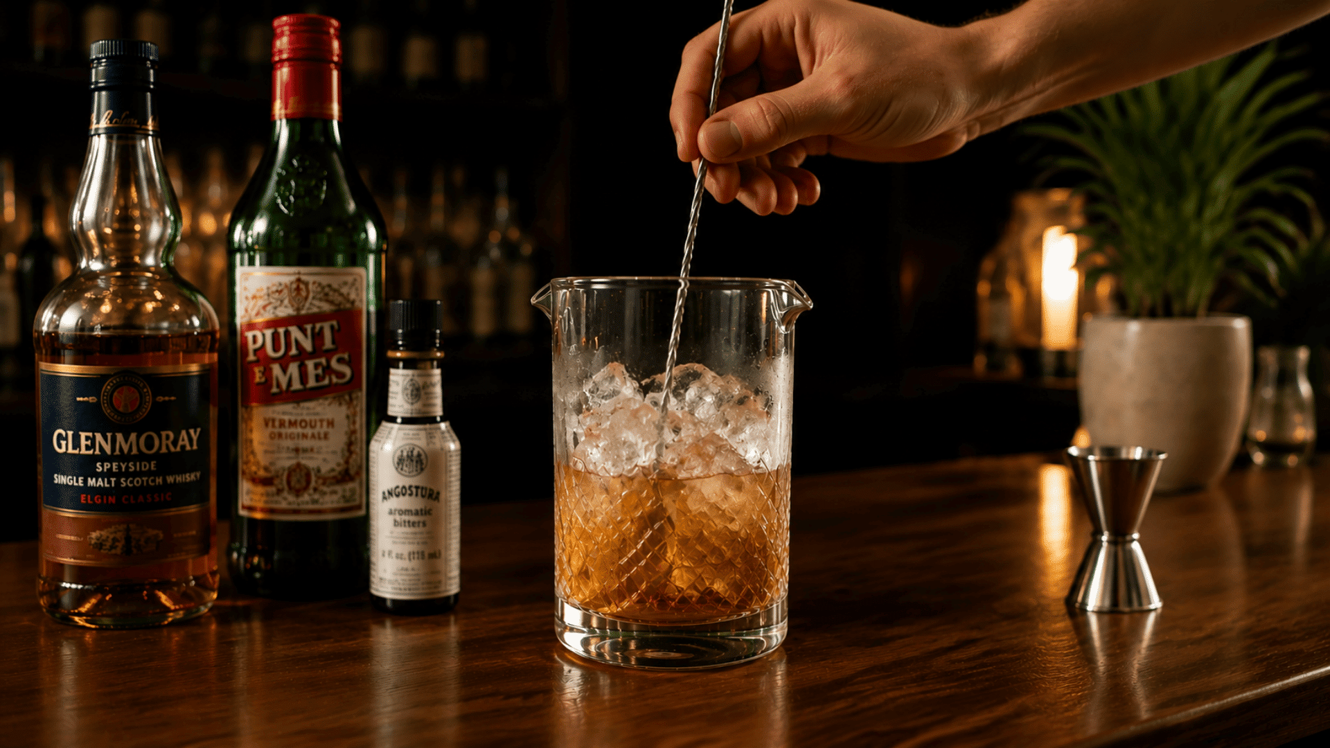 A whisky, vermouth, and bitters mixture is stirred with ice in a mixing glass on a wooden bar counter.