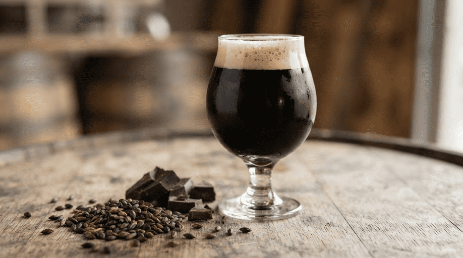 dark stout with roasted malt and chocolate pieces on a wooden surface