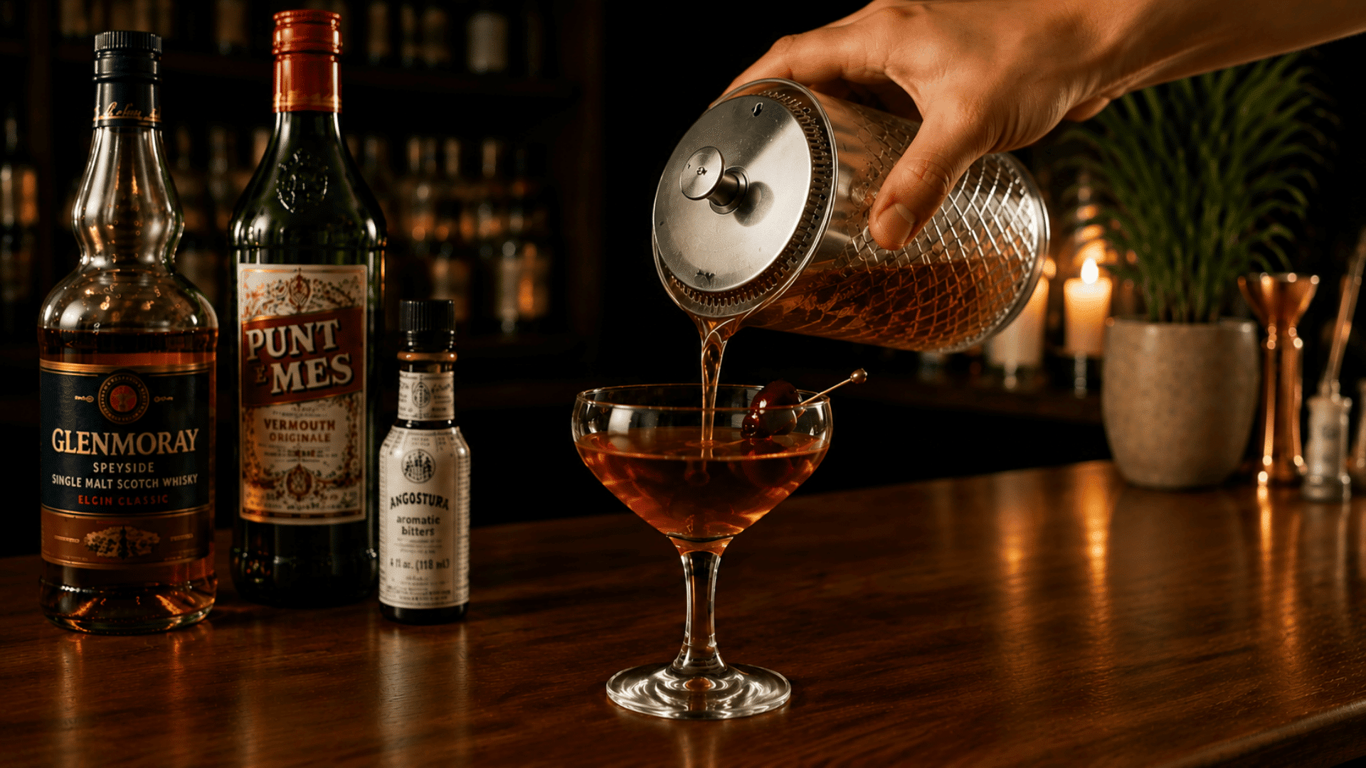 A chilled whisky cocktail is strained from a mixing glass into a coupe glass and garnished with cherries.