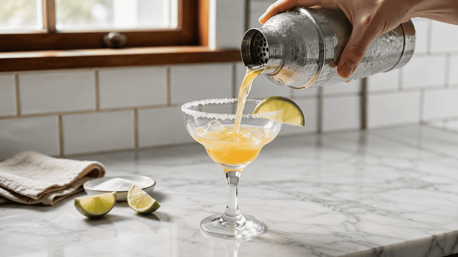 Skinny margarita poured over fresh ice in a salt-rimmed glass.