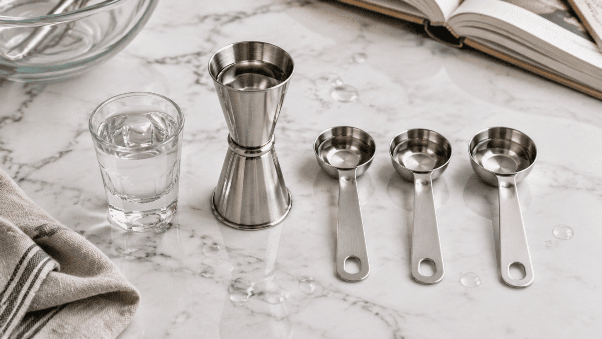 overhead view of a jigger, three filled tablespoons, and a shot glass on a white marble kitchen counter