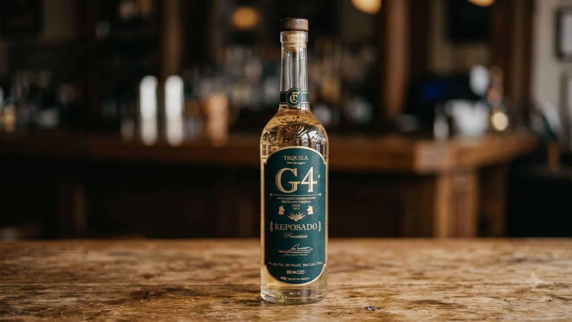G4 Reposado tequila bottle displayed on a wooden bar counter with a softly blurred bar background