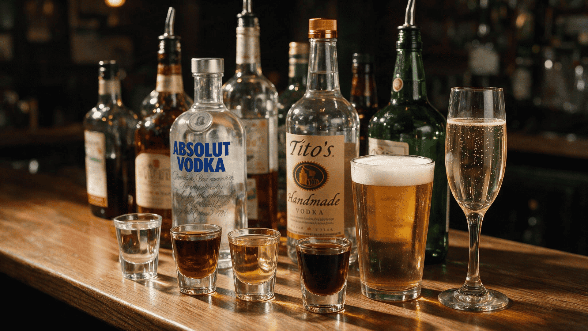 Assorted low calorie spirits, beer, and champagne displayed on a bar counter.