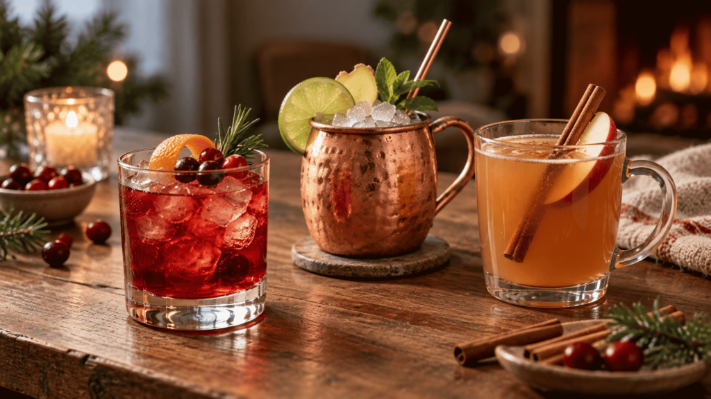 Three colorful winter cocktails with cranberry, citrus, apple, and cinnamon garnishes