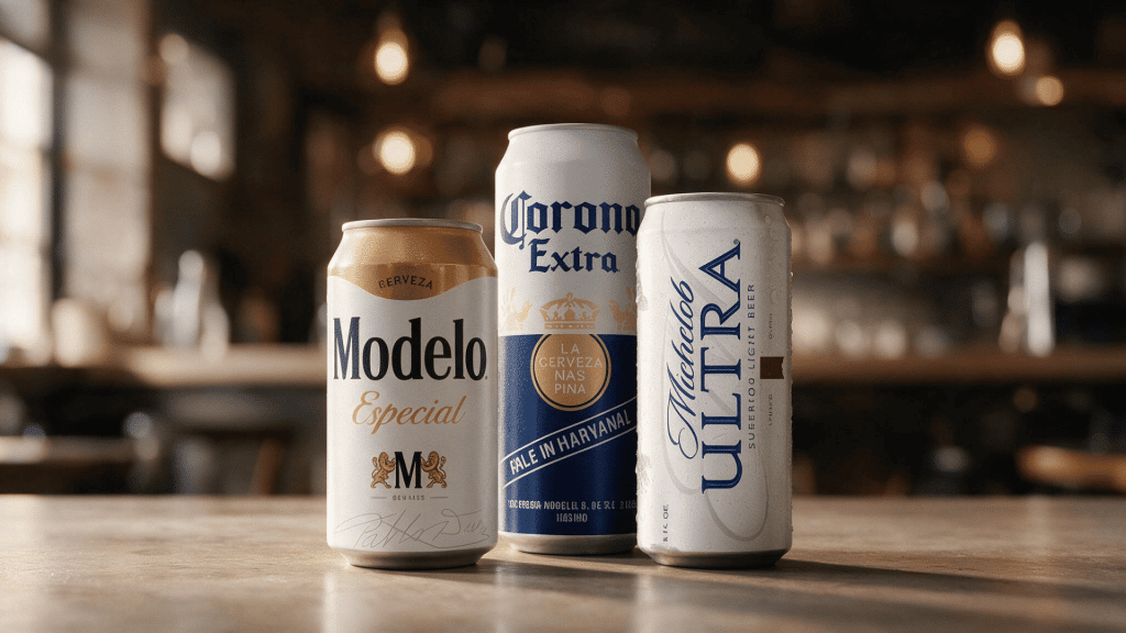 modelo especial, corona extra and michelob ultra beer cans on a bar counter