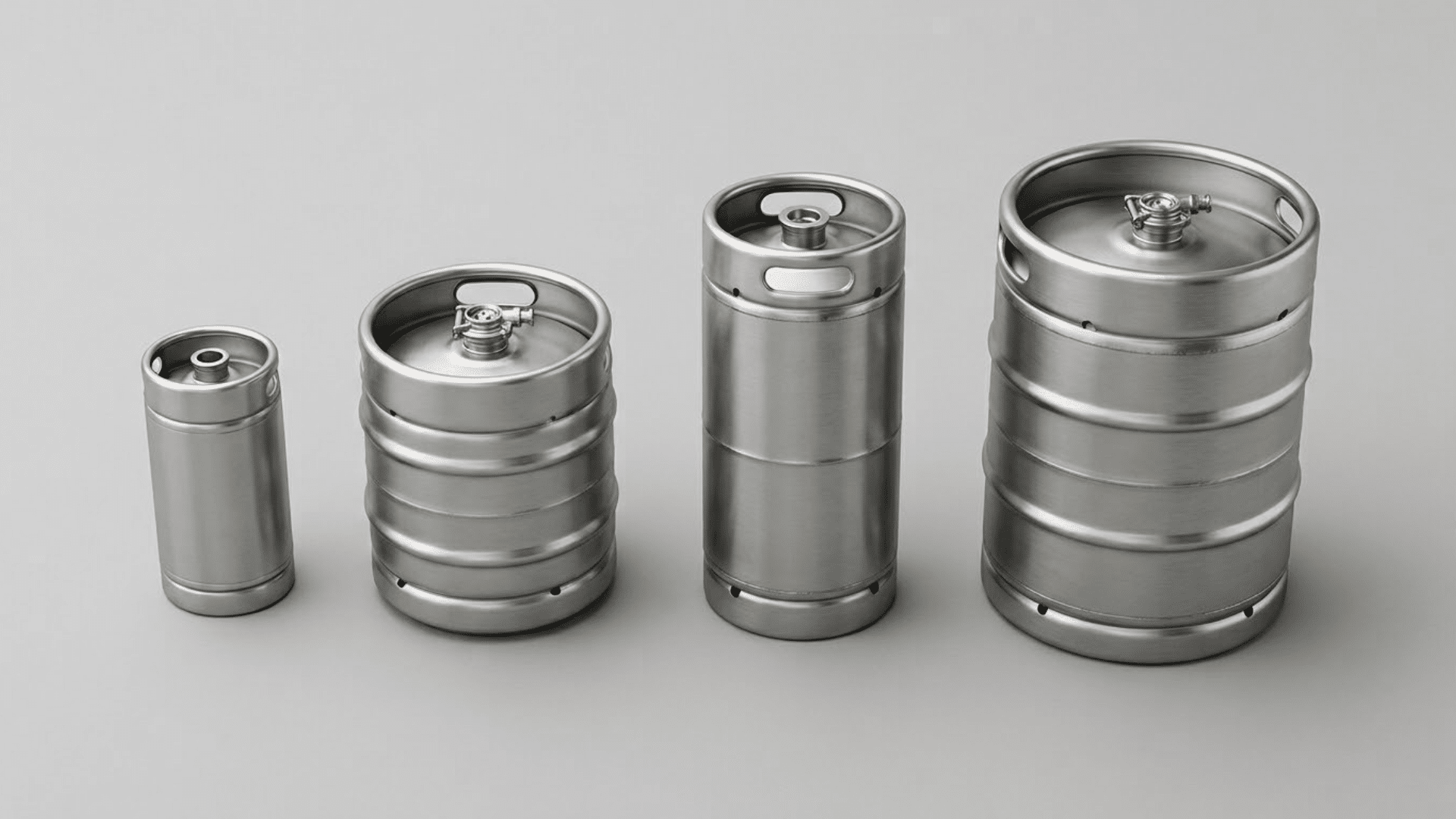 four stainless steel beer kegs of different sizes and shapes arranged side by side against a plain gray background