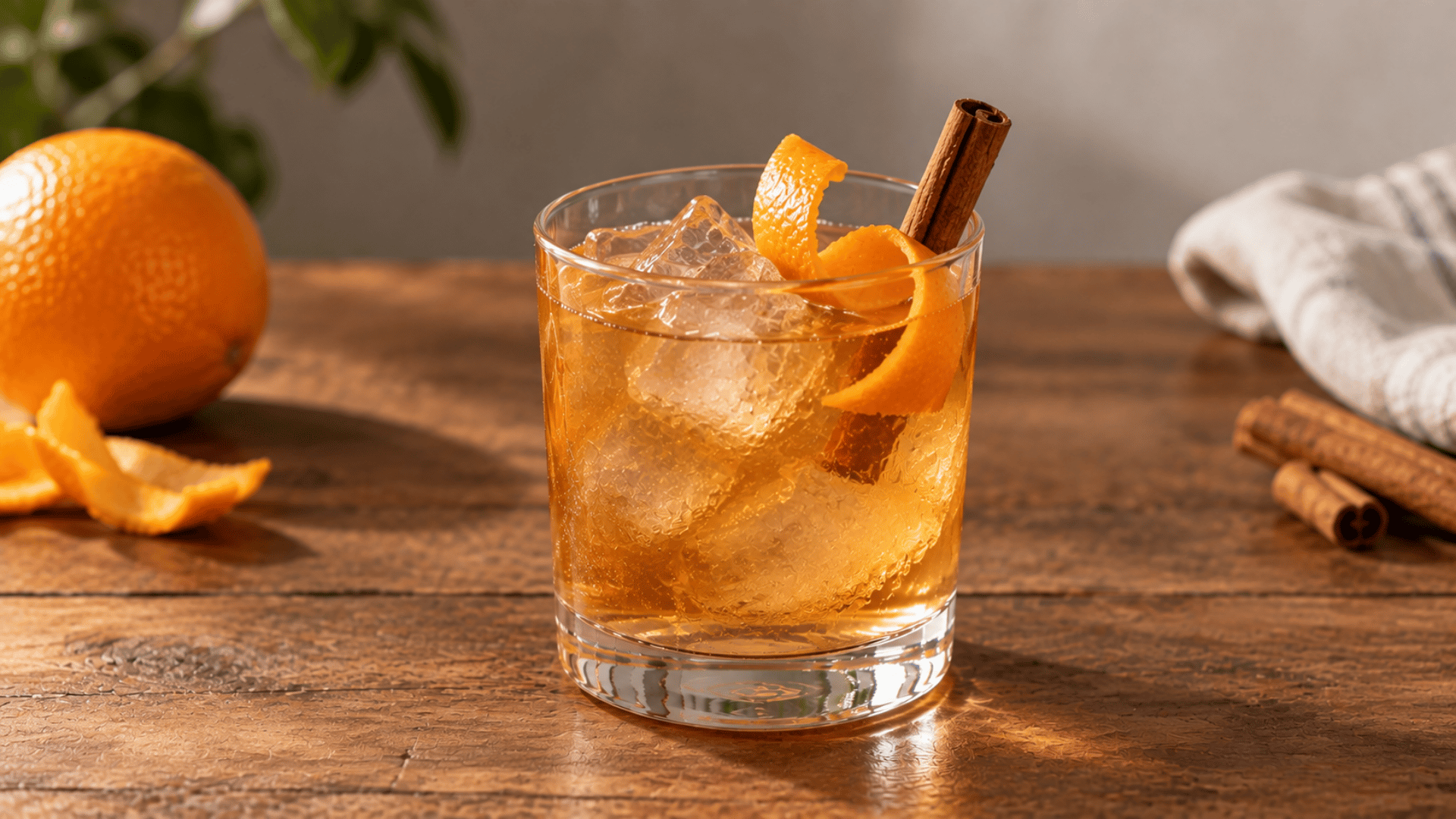 Vanilla bourbon cocktail over ice with curled orange peel and small cinnamon stick