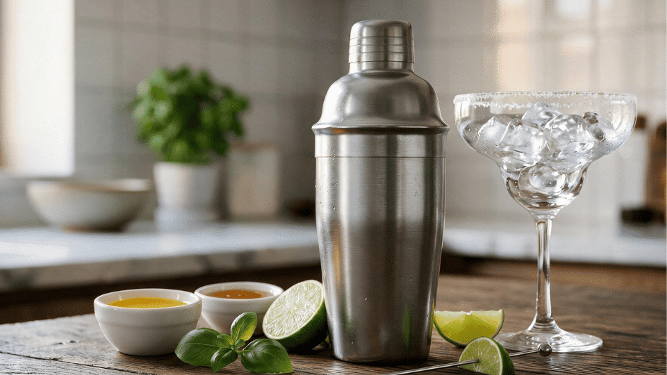 Stainless steel cocktail shaker with virgin margarita ingredients, lime slices, and salted margarita glass on a kitchen counter