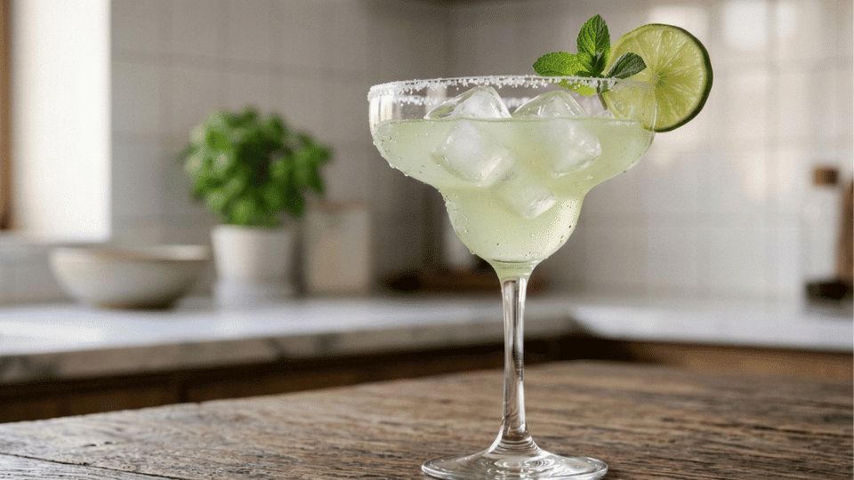 Virgin margarita in a salted rim glass with ice, lime slice, and mint garnish on a wooden table