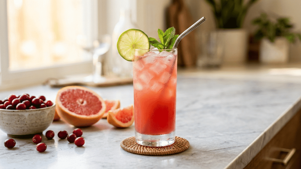 sea breeze cocktail in a highball glass with ice, pink-red juice, lime garnish, and cranberries nearby