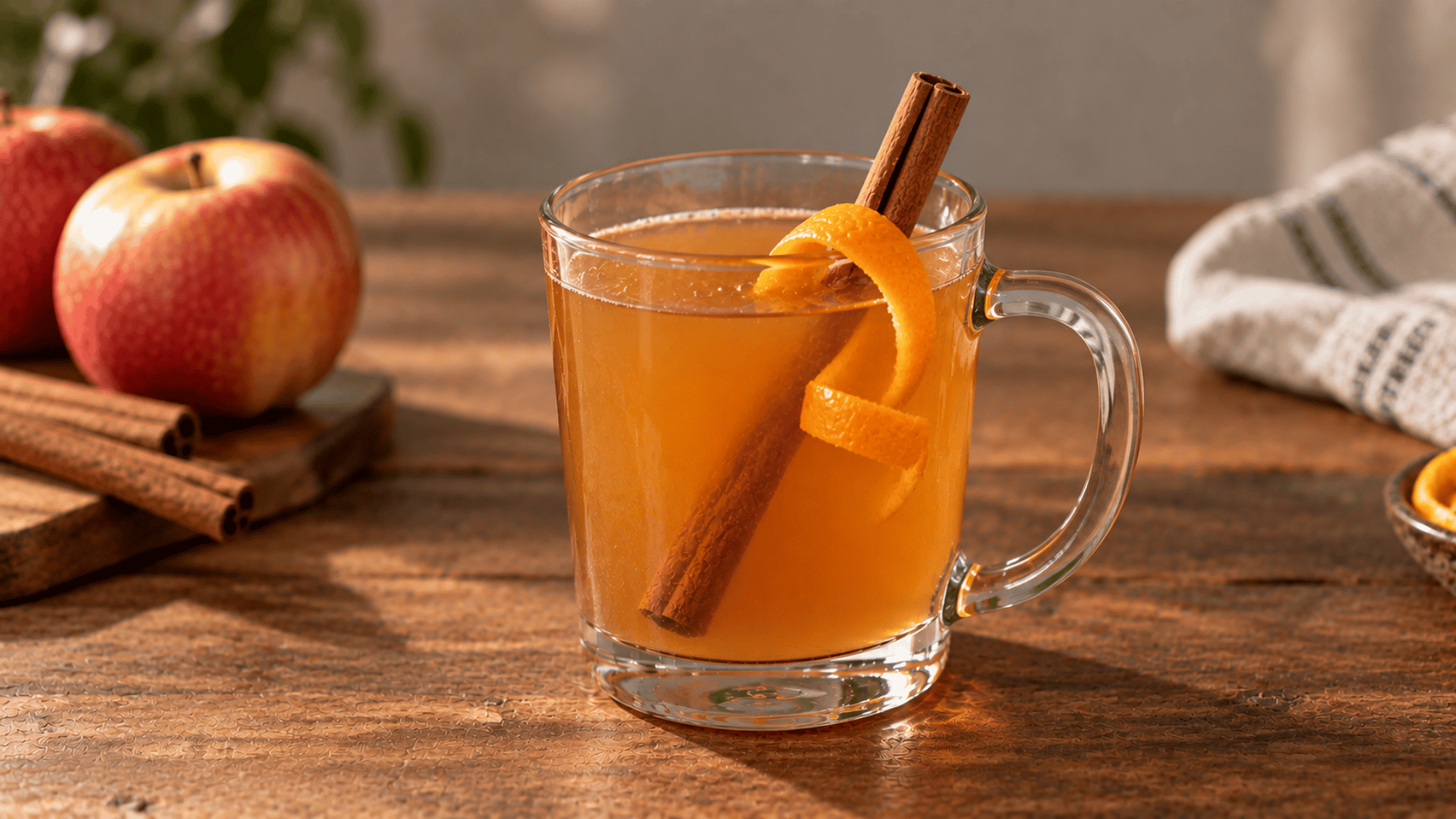 Warm apple rum cocktail in a clear mug with cinnamon stick and fresh orange peel garnish