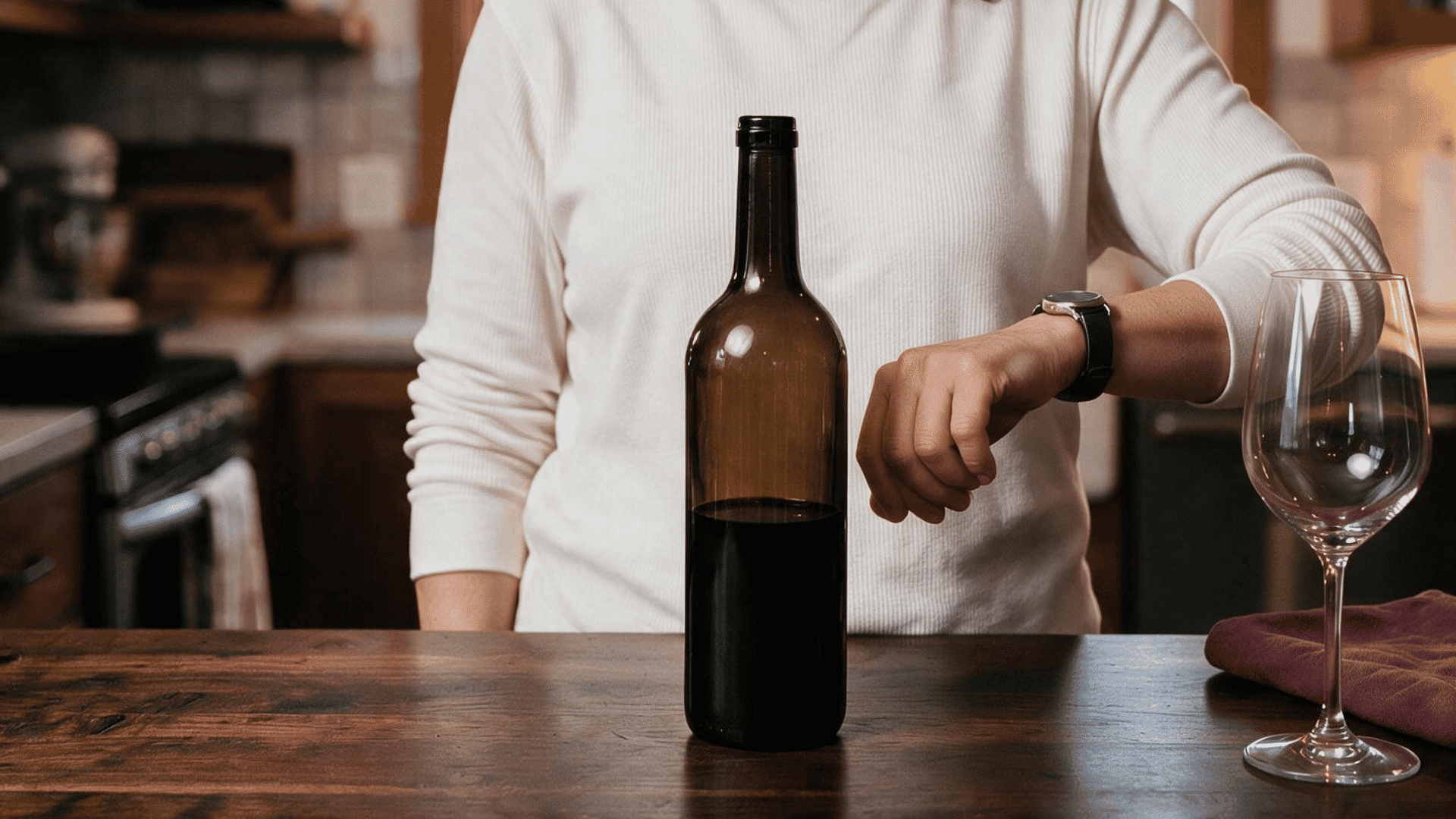 woman checking her watch while red wine warms before serving