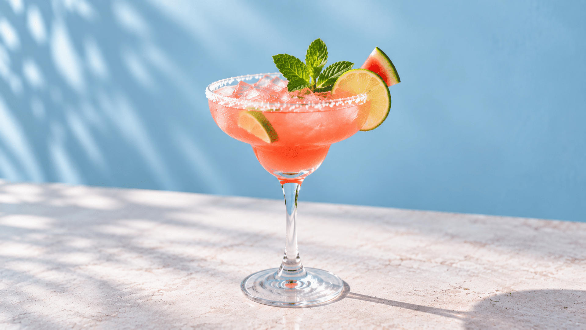 pink watermelon tequila spritz with lime, mint, and watermelon garnish
