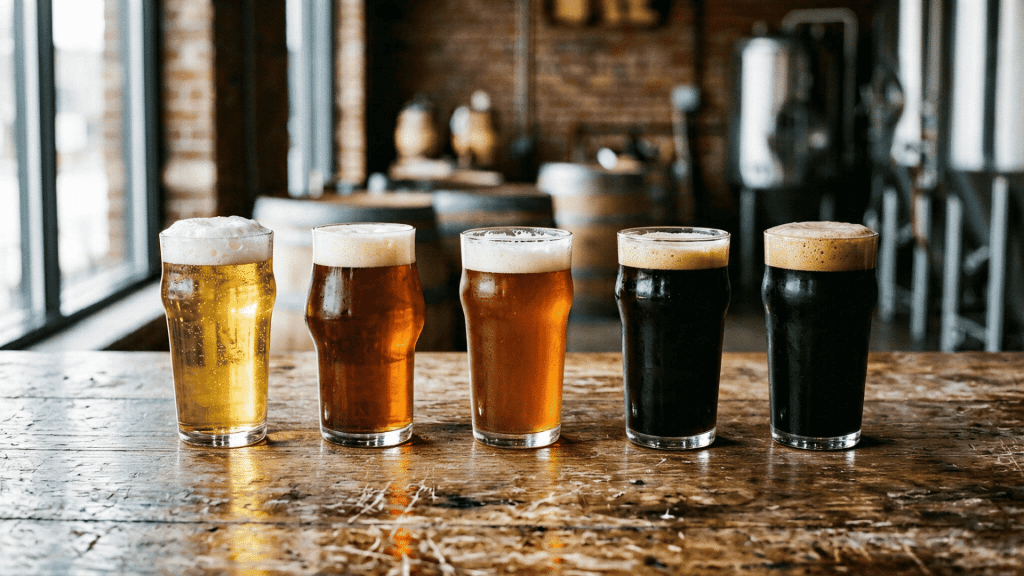 Five beer styles ranging from pale lager to dark stout on a wooden brewery table