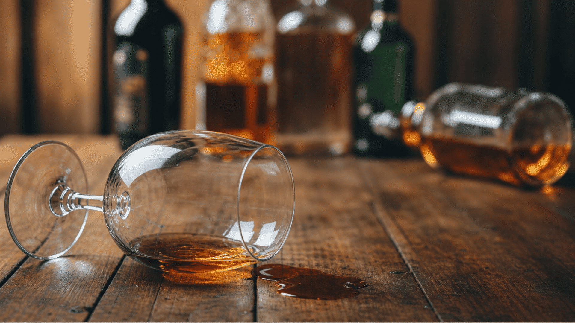 spilled alcohol beside a fallen glass with liquor bottles blurred in the background.