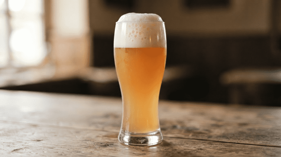 pale hazy wheat beer in a glass with a foamy white head