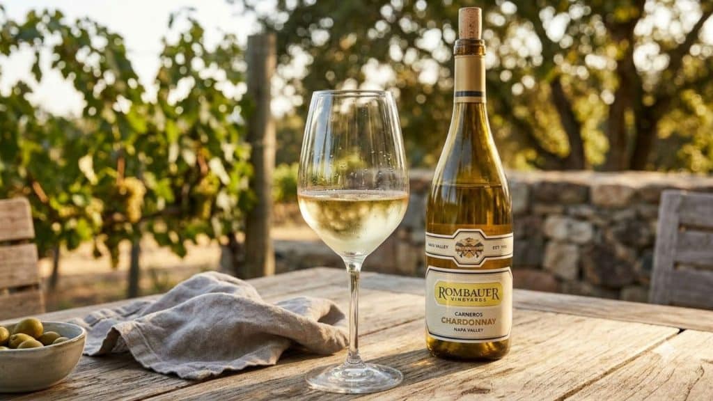 Opened white wine bottle and filled glass on a rustic outdoor table