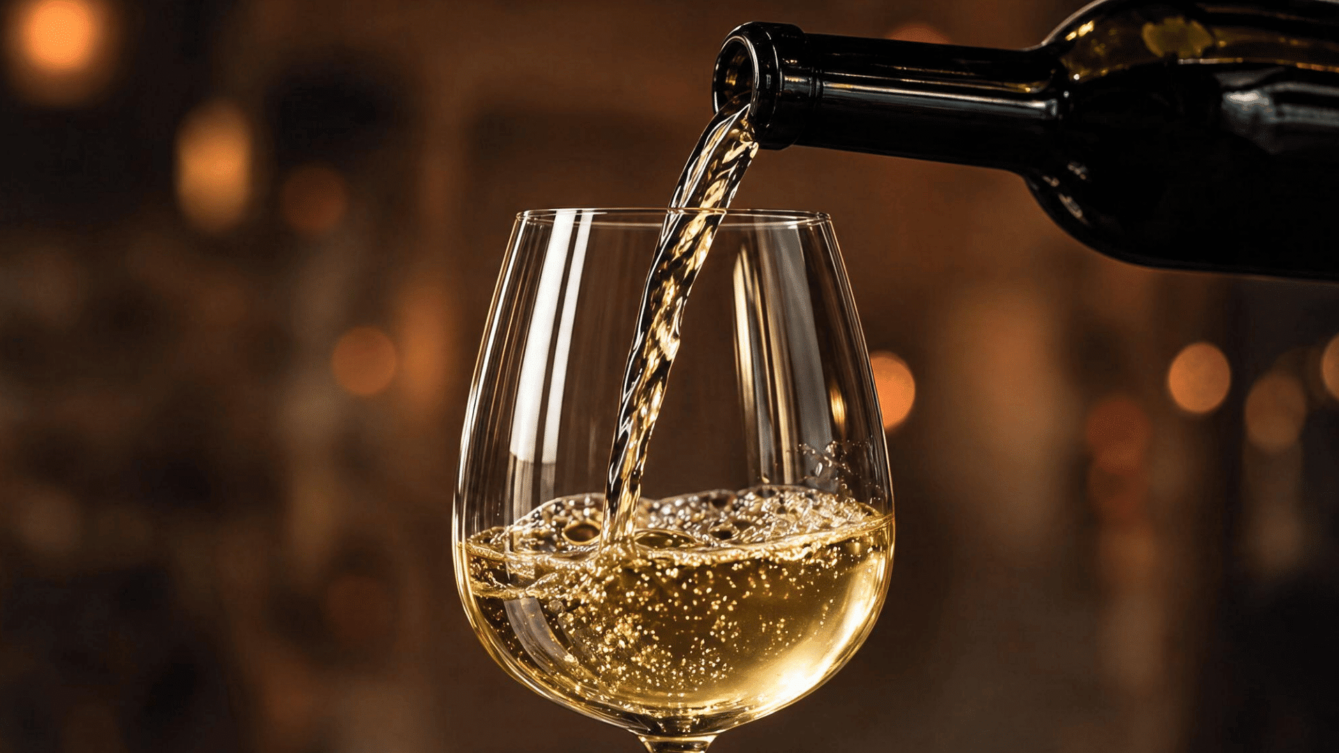 white wine being poured from a dark bottle into a clear wine glass against a warm, blurred background.