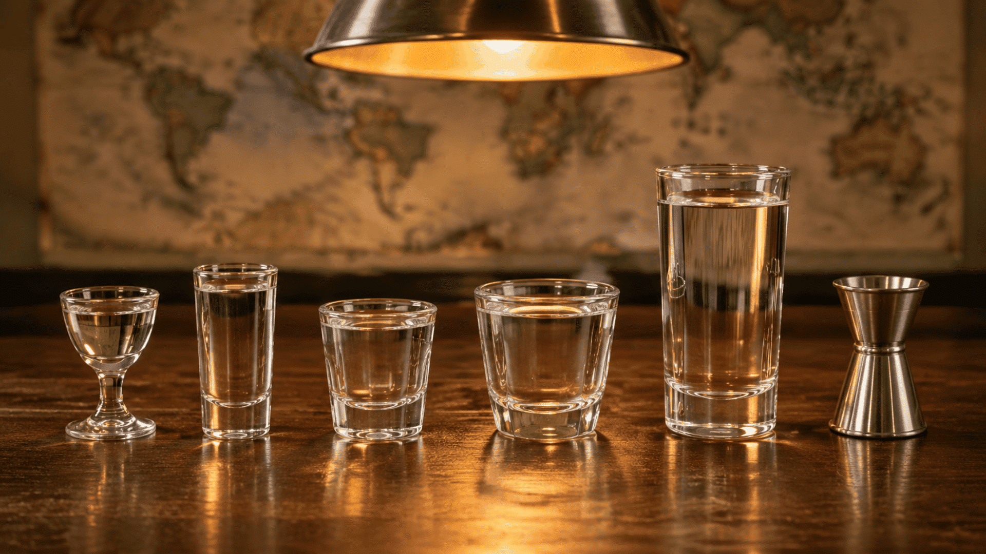 five different sized shot glasses filled with clear spirit arranged smallest to largest on a dark walnut bar