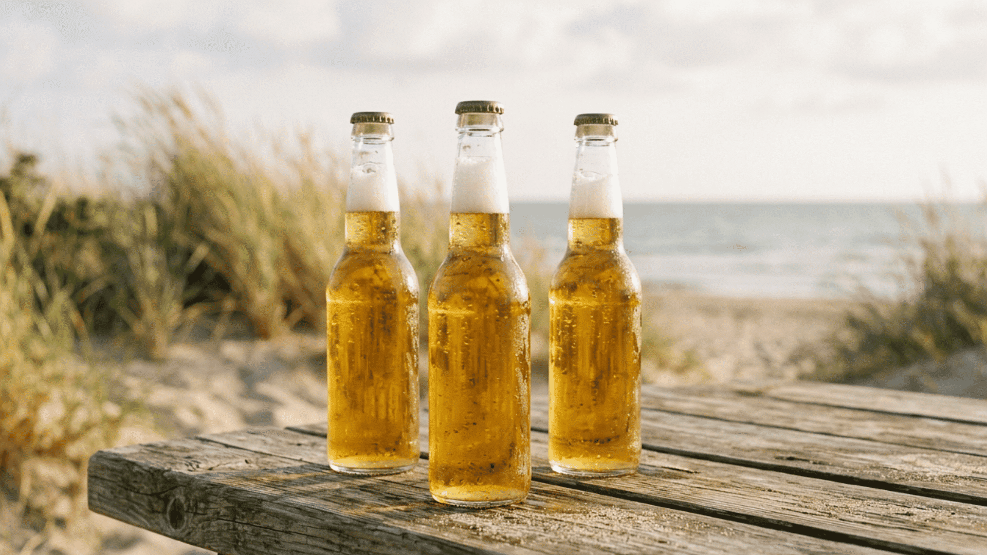 Three beer bottles on a wooden table outdoors in sunlight near a beach, illustrating light exposure that can cause skunked beer.