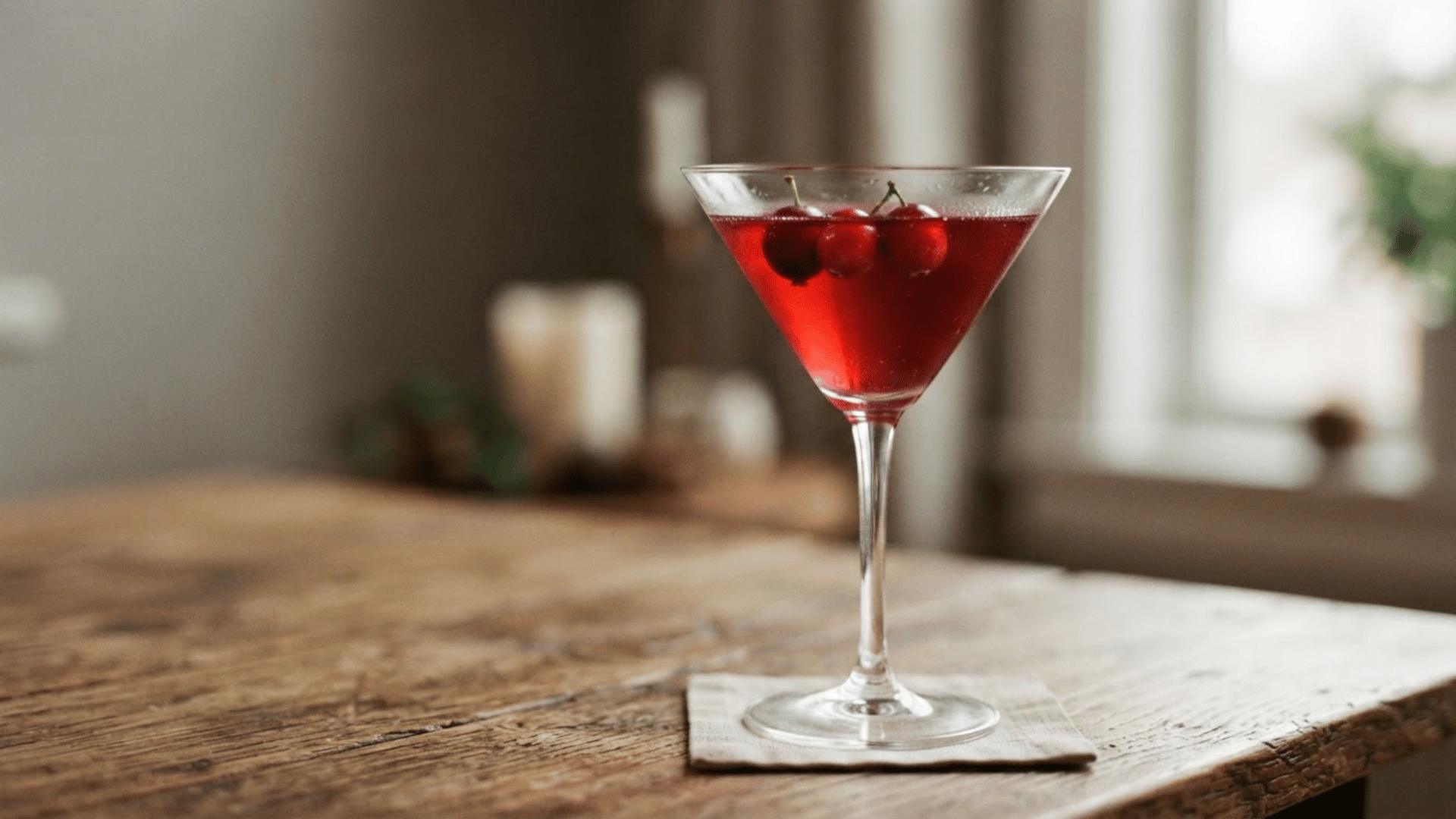 Winter cranberry martini in a clear glass with three fresh cranberries as simple garnish