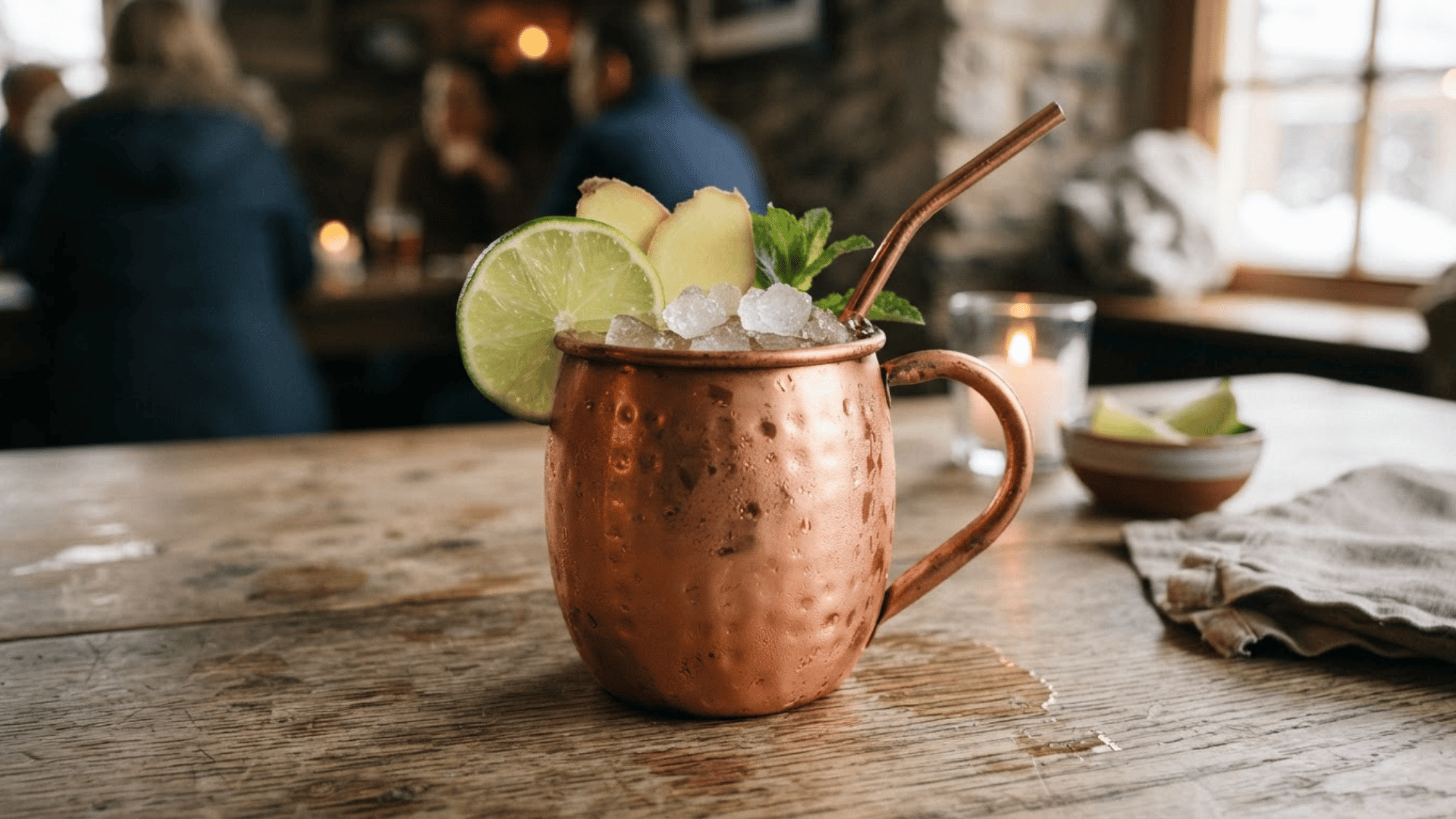 Copper mug with crushed ice, lime, ginger, and mint on a rustic wooden table.