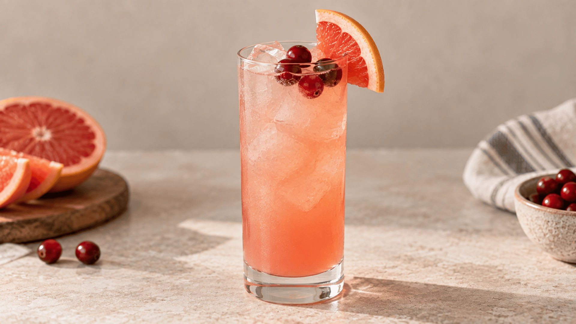 Pink winter Paloma over ice with fresh grapefruit wedge and a few cranberry garnishes